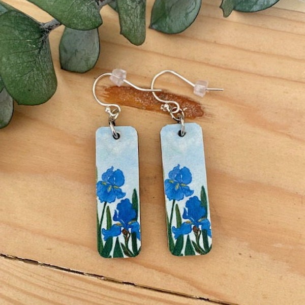 Blue Iris Flower Print Earrings, REVERSIBLE Image on Lightweight Recycled Wood Pendant, Sterling or Stainless Wire, Japanese Art