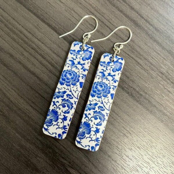 Blue China Pattern Earrings Print,  Lightweight Recycled Wood, REVERSIBLE,  Sterling Or Stainless Wire