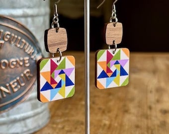 Pinwheel Star Quilt Pattern Earrings, Barn Art, REVERSIBLE Image, One Inch Recycled Wood, Sterling or Stainless Wire, Quilter Gift, Quilting