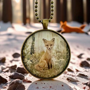 Woodland Forest Fox Print Necklace, Large 1.5 Inch Antique Bronze Pendant, Glass Dome, Gift, Animal Lover, Wild Animal, Fox Gift
