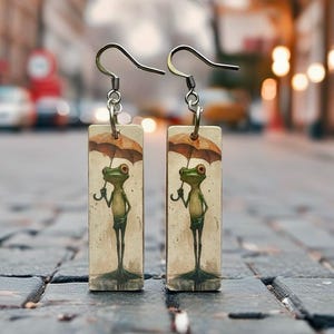 Frog with Umbrella Print Earrings, REVERSIBLE, Sterling Silver or Stainless Wire, Toad, Frog Gift, Handmade