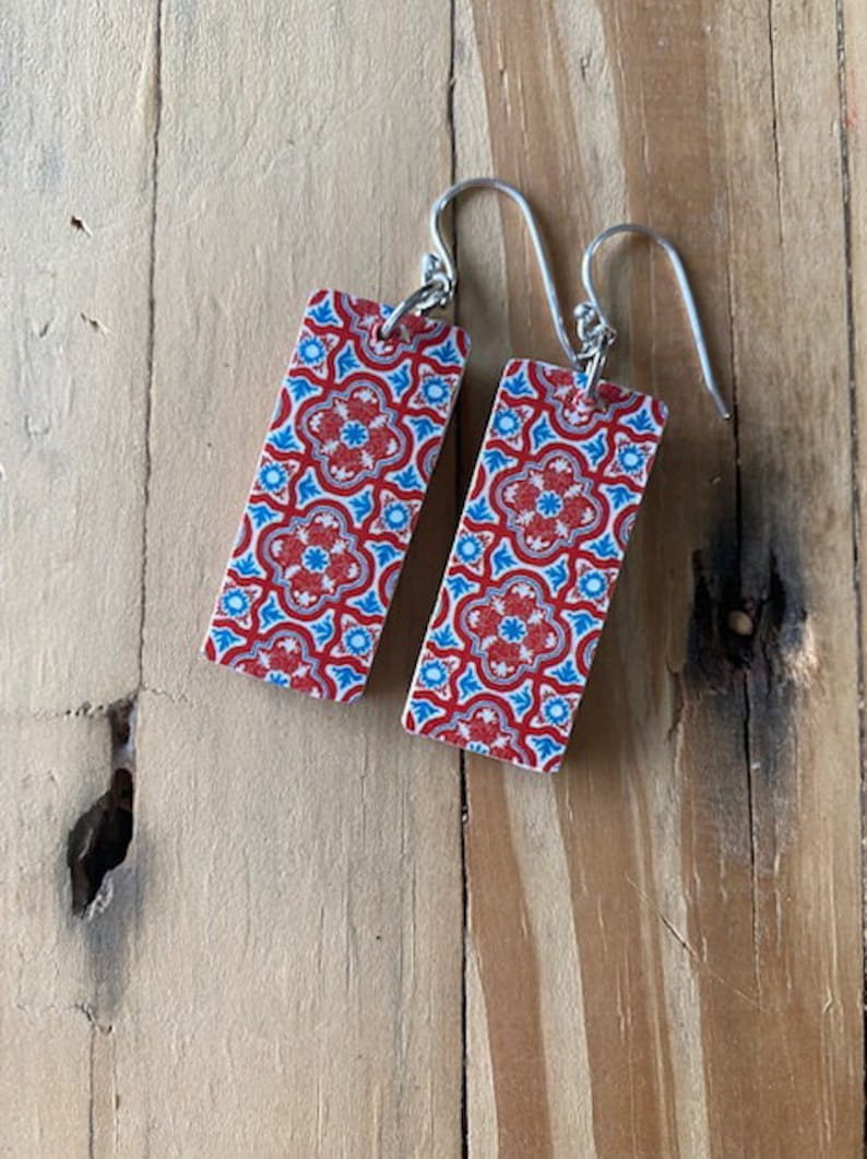 Moroccan Print Earrings Red Blue Image on Both Sides with Sterling Silver French Wire NEW SIZE Lightweight!