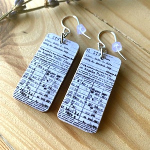 Library Card Earrings: Recycled Wood, Sterling Silver Wire, Book Lover Gift