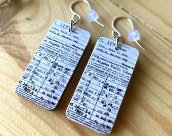 Library Card Earrings: Recycled Wood, Sterling Silver Wire, Book Lover Gift
