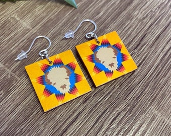 Sacred Buffalo Quilt Pattern Earrings, Barn Art, REVERSIBLE Image, One Inch Recycled Wood, Sterling or Stainless Wire, Quilter Gift