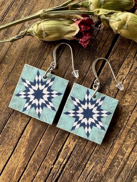 Blue Barn Star Quilt Pattern Earrings, Barn Art, REVERSIBLE Image, One Inch Square, Sterling or Stainless Wire, Quilter, Gift