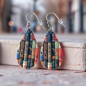 Vintage Book Print Earrings: Lightweight Wood Teardrop, Sterling Silver Option