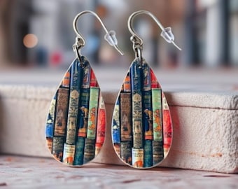 Vintage Book Print Earrings: Lightweight Wood Teardrop, Sterling Silver Option