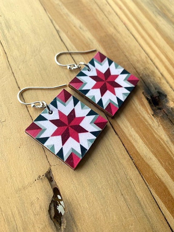 Barn Art Quilt Pattern Earrings Sealed Double Side Image on Etsy