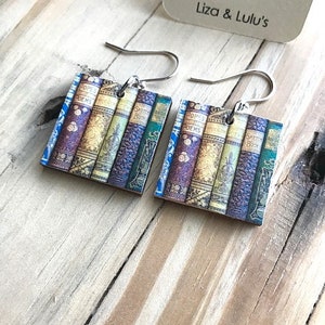 Beautiful Book Lovers Print Earrings, One Inch Wood Square, REVERSIBLE, Sterling or Stainless Wire