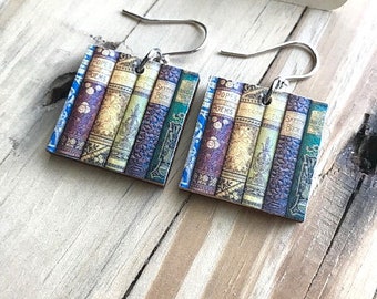 Beautiful Book Lovers Print Earrings, One Inch Wood Square, REVERSIBLE, Sterling or Stainless Wire