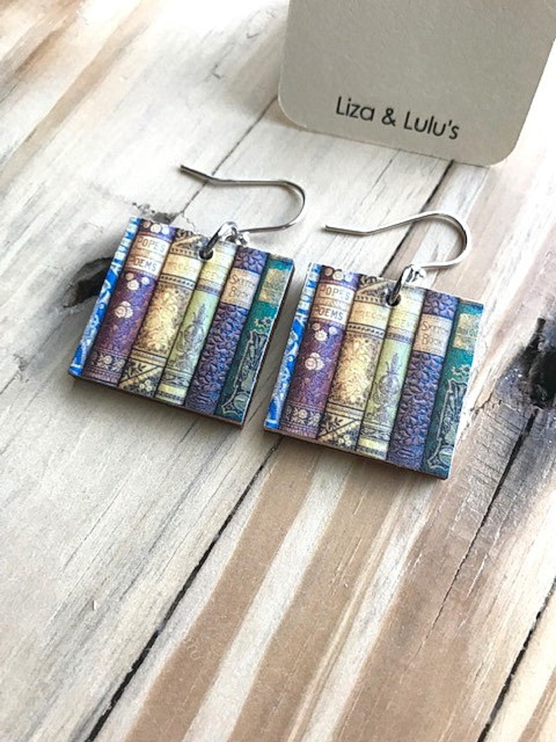 Beautiful Book Lovers Print Earrings, One Inch Wood Square, REVERSIBLE, Sterling or Stainless Wire image 1