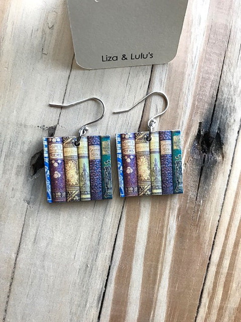 Beautiful Book Lovers Print Earrings, One Inch Wood Square, REVERSIBLE, Sterling or Stainless Wire image 2