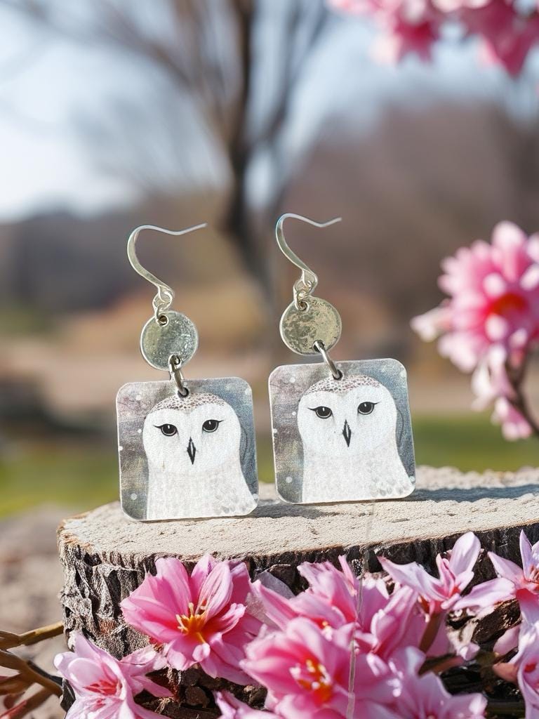 Sweet Owl Print Earrings, REVERSIBLE, Sterling or Stainless Wire, Gift, Handmade, One Inch Square