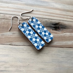 Blue Star Quilt, Barn Art, Quilt Earrings Print, Recycled Wood, One Inch, REVERSIBLE with Sterling or Stainless Steel Wire