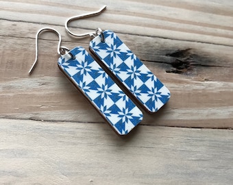 Blue Star Quilt, Barn Art, Quilt Earrings Print, Recycled Wood, One Inch, REVERSIBLE with Sterling or Stainless Steel Wire