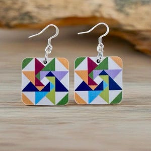 Pinwheel Star Quilt Pattern Earrings, REVERSIBLE Image, One Inch Recycled Wood, Sterling or Stainless Ear Wire, Quilting Gift, Quilter