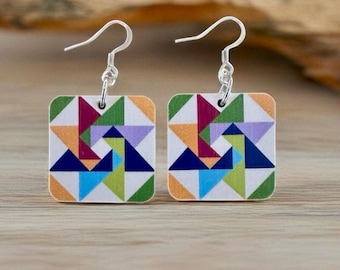 Pinwheel Star Quilt Pattern Earrings, REVERSIBLE Image, One Inch Recycled Wood, Sterling or Stainless Ear Wire, Quilting Gift, Quilter