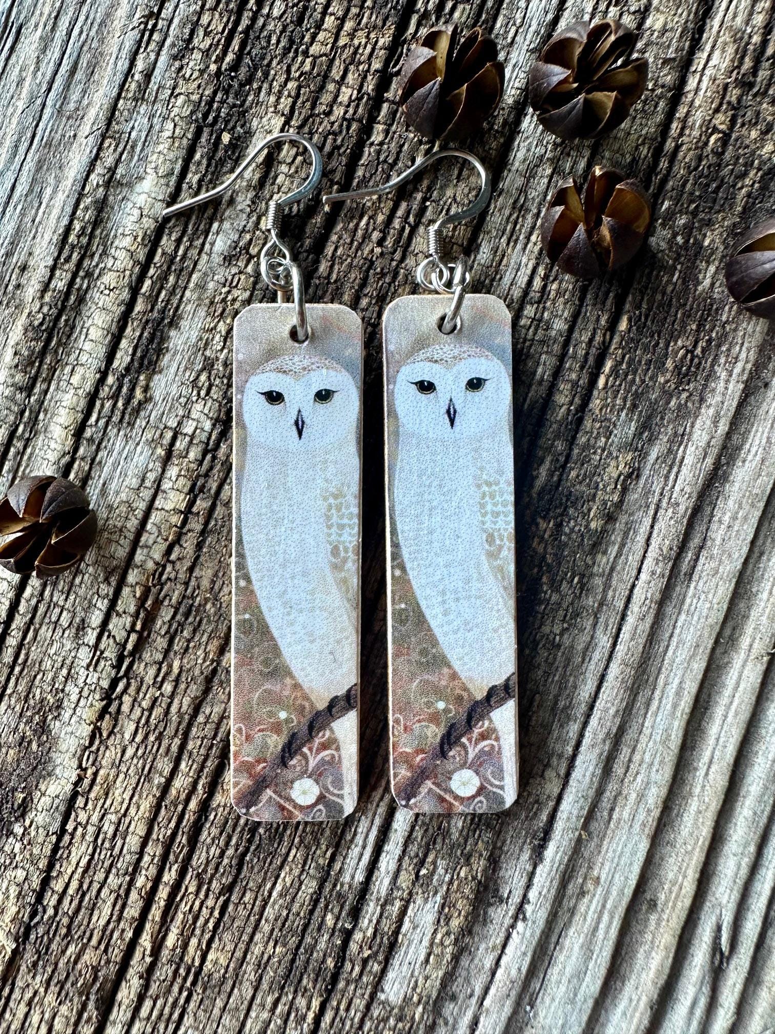 Sweet Owl Print Earrings, REVERSIBLE, Sterling Silver or Stainless Wire, Gift, Handmade