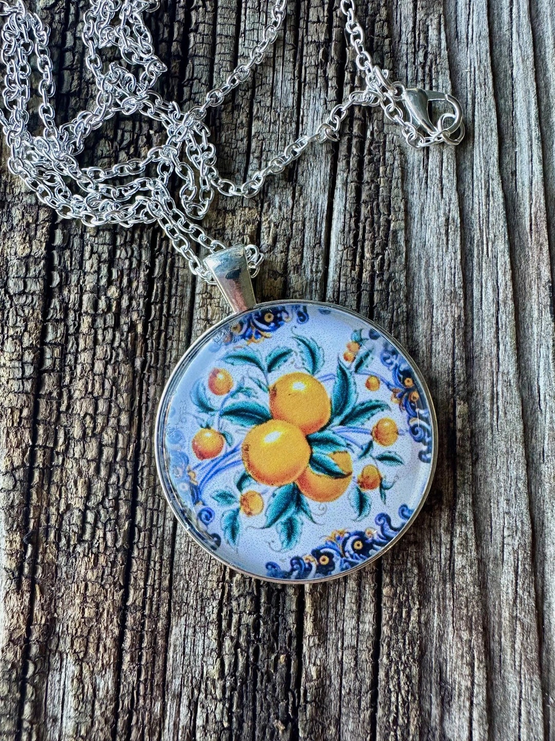 Beautiful Italian Tuscan Orange Print Pendant Necklace, Large 1.5 Inch ...