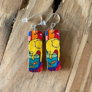 Henri Matisse Earrings, Cat, Red Fish, REVERSIBLE Image, Lightweight Wood Pendant Topped with Sterling or Stainless Wire