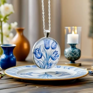 Delft Floral Pendant Necklace: Blue Tulip Glass Dome, 1.5 Inch