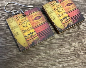 Beautiful Book Lovers Print Earrings Pro Paper on One Inch Recycled Wood Pendant with Sterling Silver Wire Double Sided
