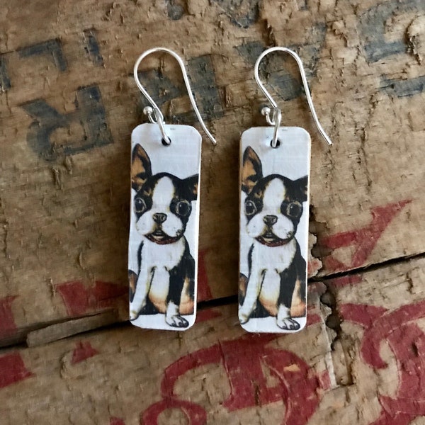 Vintage Boston Terrier Earrings, Dog Art, Reversible, Recycled Wood Pendant, Sterling or Stainless Wire, Dog Gift