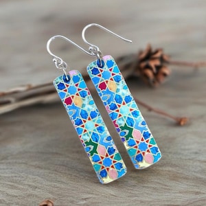 Arabesque Tile Earrings Print on Lightweight Recycled Wood Pendant REVERSIBLE with Sterling Silver or Stainless Wire