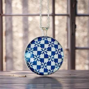 Blue Star Quilt Pattern Pendant Necklace, Quilt Lover, Quilting Gift, Free Shipping