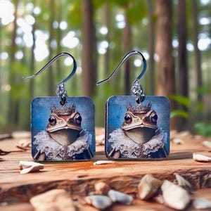 Royal Toad Frog Earrings, Lightweight Wood, REVERSIBLE, Sterling or Stainless, Frog Gift, Handmade