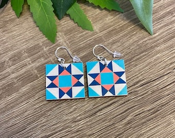 Ohio Star Quilt Pattern Earrings, Barn Art, REVERSIBLE Image, One Inch Wood, Sterling or Stainless Steel Wire, Quilter Gift