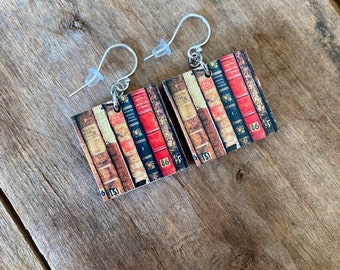 Beautiful Book Lovers Print Earrings Pro Paper on One Inch Recycled Wood Pendant with Sterling or Stainless Wire  REVERSIBLE