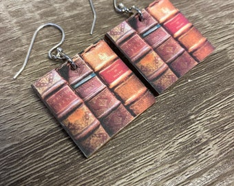 Beautiful Book Lovers Print Earrings Pro Paper on One Inch Recycled Wood Pendant with Sterling Silver Wire Double Sided