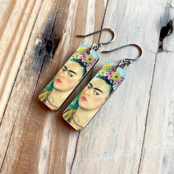 Frida Kahlo Earrings REVERSIBLE Image on Lightweight Recycled Wood Topped with Sterling or Stainless Wire