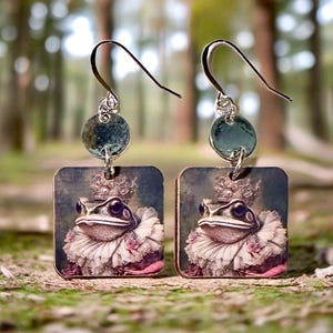 Royal Toad Frog Earrings, Lightweight Wood, REVERSIBLE, Sterling or Stainless, Frog Gift, Handmade