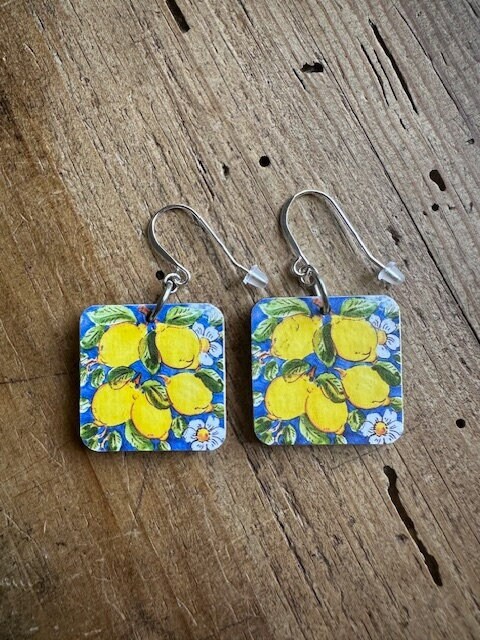 Italian Lemon Print Earrings, Image on One Inch Wood Pendant, Sterling or Stainless Wire, REVERSIBLE, Italy, Gift, Blue and Yellow