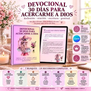 Può includere: Un libro devozionale di 30 giorni intitolato Devocional 30 Días Para Acercarme a Dios con una copertina sfumata pastello che mostra un'illustrazione di una persona con cappello che tiene fiori, accanto a un tablet con pagine e icone.