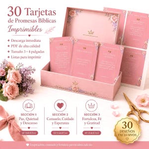 May include: A set of 30 printable biblical promise cards in a pink box, featuring floral accents and gold crown icons. The cards are organized into three sections: Peace, Quiet and Rest; Comfort, Care and Hope; and Strength, Faith and Gratitude.