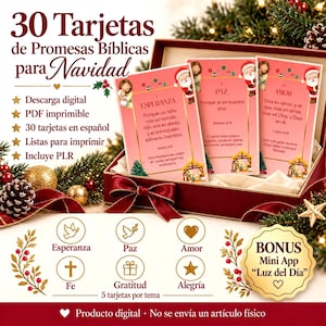 Può includere: Un set di 30 carte stampabili con promesse bibliche natalizie in spagnolo, presentate in una scatola regalo bordeaux. Le carte presentano illustrazioni festive di Babbo Natale, Gesù e un presepe, con testo che include 'Esperanza', 'Paz' e 'Amor'.