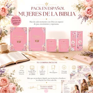 Könnte beinhalten: Ein digitales Paket mit dem Titel MUJERES DE LA BIBLIA mit rosa Blumenmotiven, bestehend aus einem Gebetstagebuch, Studienführer, Lesezeichen und Versprechenskarten. Das Layout zeigt spanischen Text und dekorative Kronensymbole.