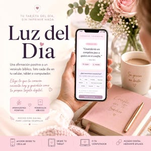 May include: A smartphone displaying a digital card titled Luz del Dia with a Spanish biblical verse from Isaiah 26:3. The screen features interactive buttons for positive affirmations and verses, alongside a pink notebook and a ceramic mug.