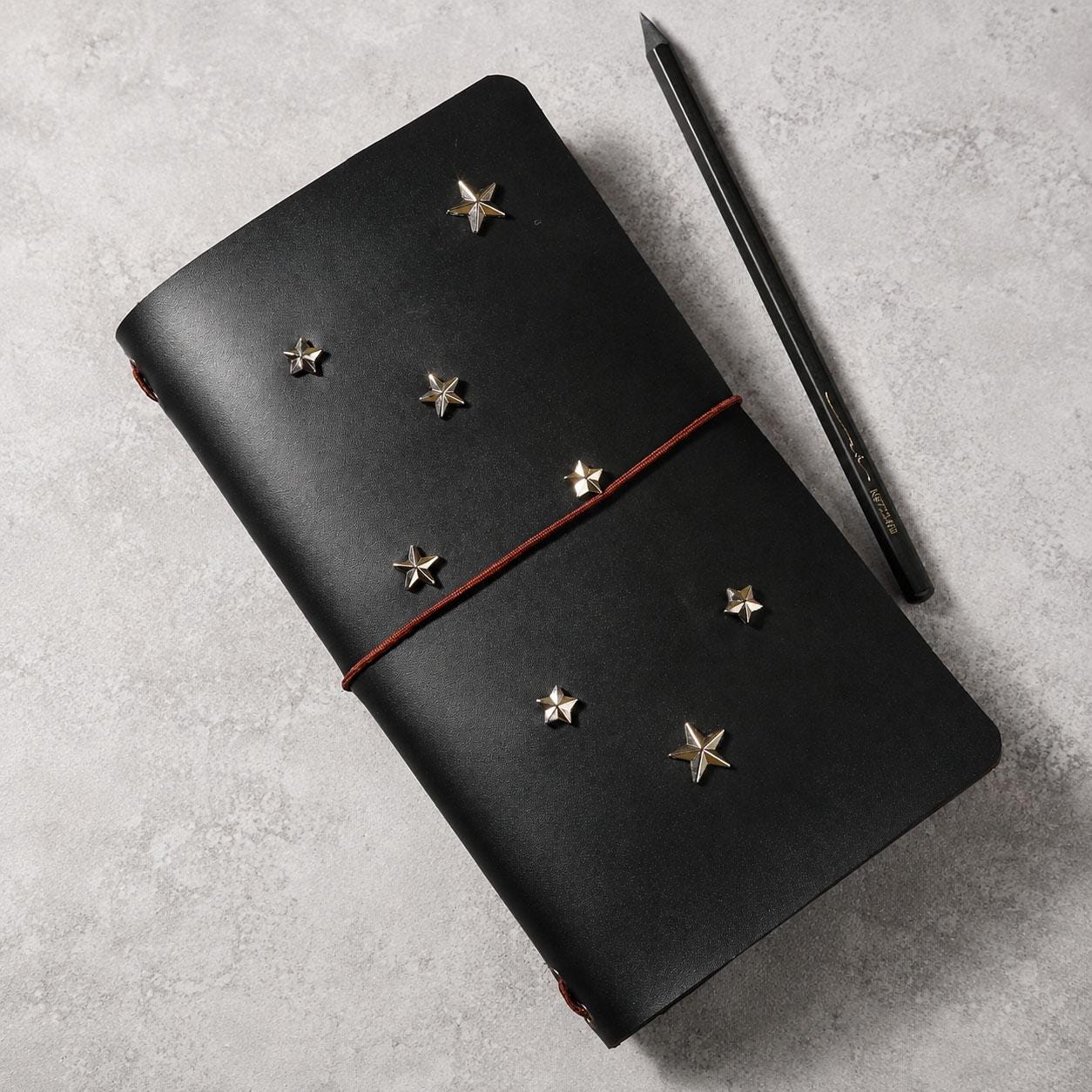 Handmade Black Leather Star A6 Journal, Refillable Traveler's Notebook with Silver Studs