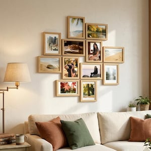 Peut inclure: Un ensemble de galerie murale composé de onze cadres photo rectangulaires en bois clair de tailles variées, disposés en groupe. Les cadres contiennent diverses impressions photographiques, notamment des paysages, des portraits et des scènes de nature.