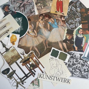 May include: A collection of art prints and paper cutouts featuring various paintings, including ballet dancers, a flute player, and a landscape. The arrangement includes a strip with two green paint swatches and a label with the text KUNSTWERK.