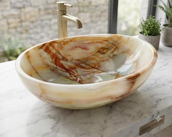 Aufsatzwaschbecken aus grünem Onyx – 40,6 x 40,6 x 15,2 cm (16" x 16" x 6") rundes Natursteinbecken für Badezimmerwaschtisch