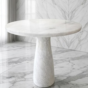 20" White Marble Pedestal Side Table – Hand-Carved Stone Accent Piece