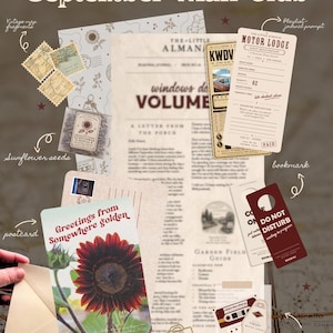May include: A September Mail Club stationery set featuring a newsletter, a postcard with a sunflower, vintage map fragments, sunflower seeds, a motor lodge registration bookmark, a do not disturb door hanger, stickers, and a metal paper clip.