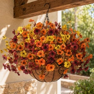 May include: A hanging basket filled with artificial flowers in shades of orange, yellow, and deep burgundy. The round, wire-framed basket is lined with coconut coir and suspended by a black metal chain and hook from a wooden beam.