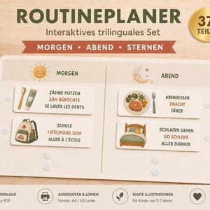 Tabla de rutinas interactivas para niños - Horario diario imprimible en PDF - Planificador trilingüe (alemán, alemán suizo, francés) - Tablero para niños pequeños de familias expatriadas